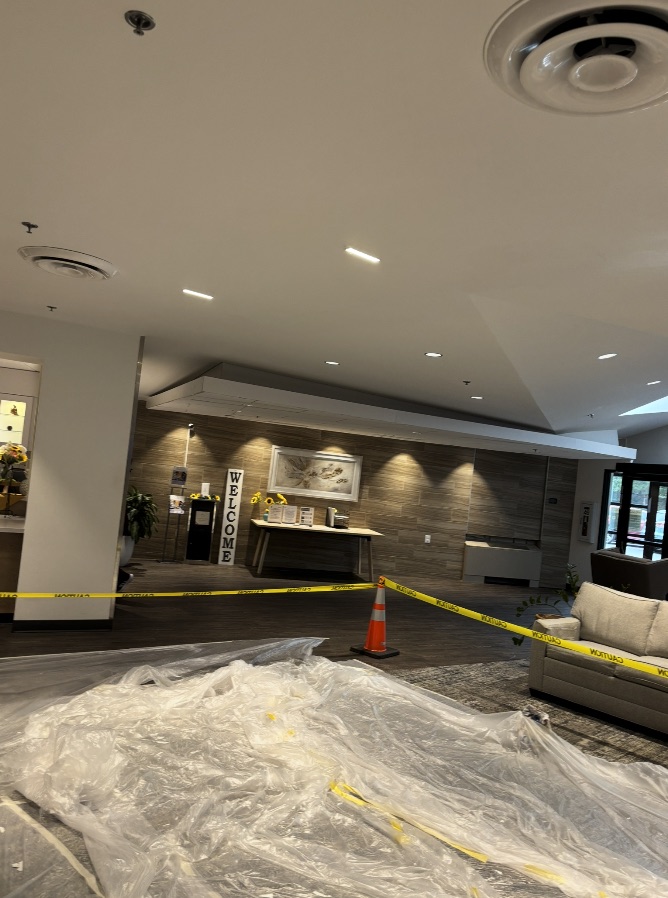 Renovated commercial lobby with finished flooring